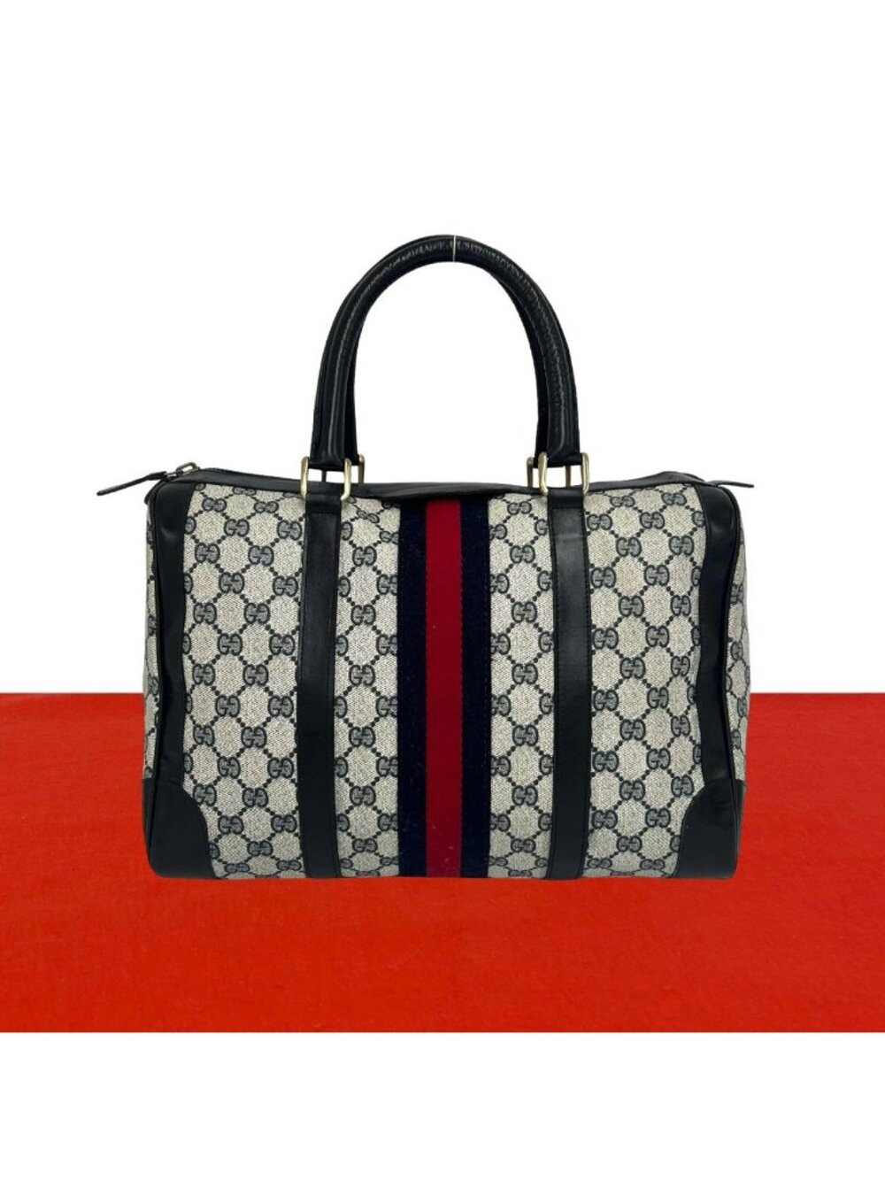 Gucci Vintage Sherry Line GG Pattern Leather Mini Boston Bag Navy